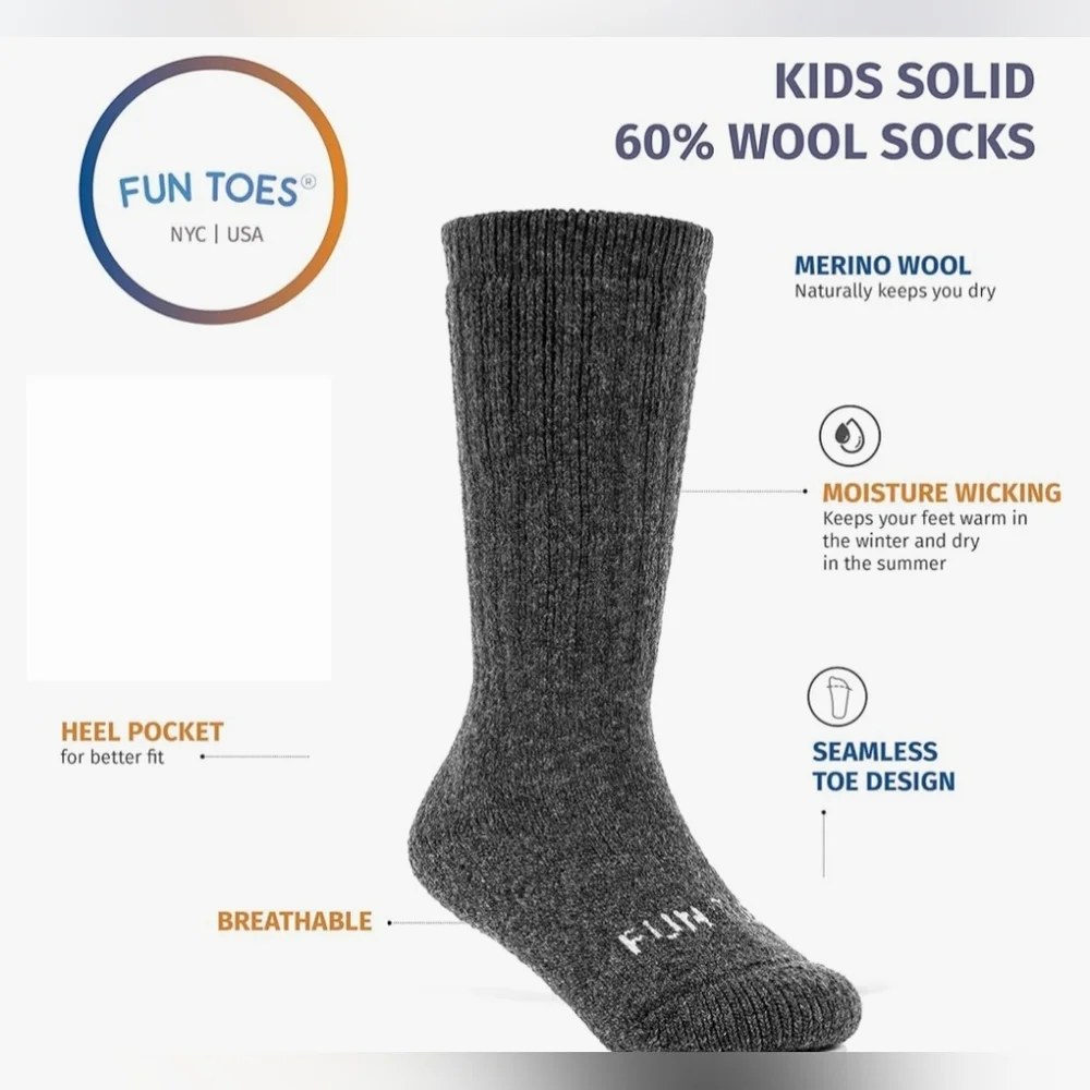 Nwt 3 Pair Merino Wool Fun Toes Kids Socks Cushioned Skiing Winter Snow Hiking